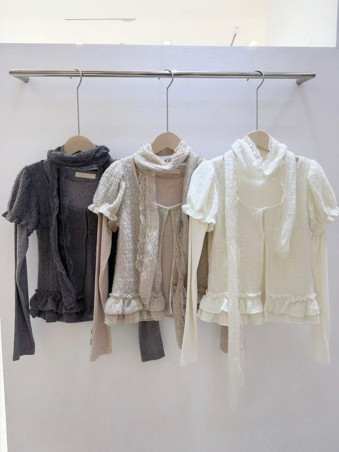 SE002《至抵穿搭》3件套裝長袖內搭+泡泡袖外套+花邊圍脖