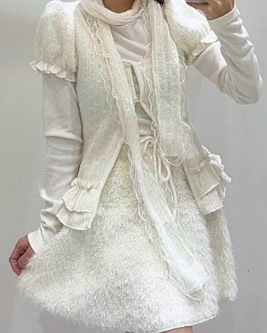 SE002《至抵穿搭》3件套裝長袖內搭+泡泡袖外套+花邊圍脖