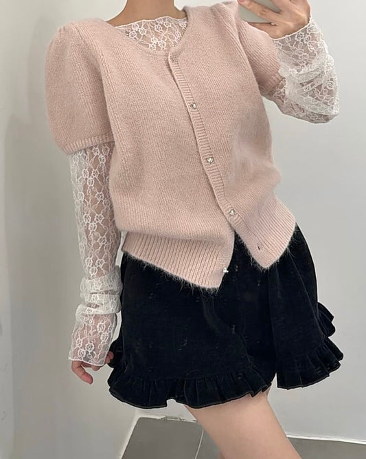 SE005【2月新品】百搭心心扭扣針織泡泡短袖外套上衣