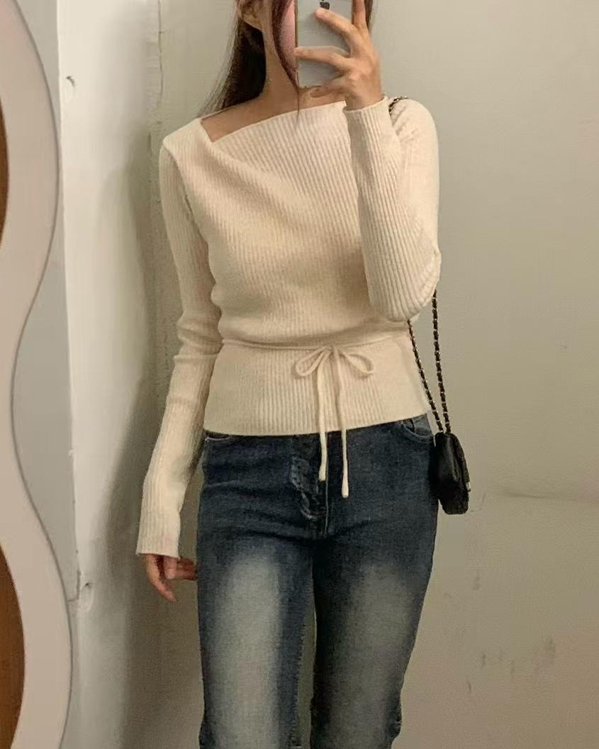 TW002《新款》顯瘦腰綁蝴蝶結一字領上衣