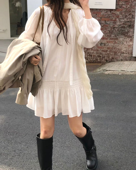 FO006【5月新品】復古風白色洋裝連身裙短