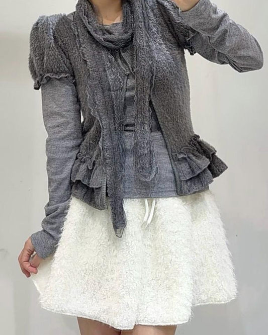 SE002《至抵穿搭》3件套裝長袖內搭+泡泡袖外套+花邊圍脖