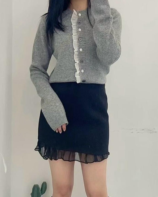 SE004【1月新品】Lace邊雙間色扭扣羊毛外套上衣