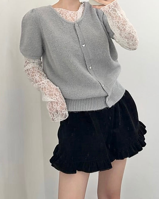 SE005【2月新品】百搭心心扭扣針織泡泡短袖外套上衣