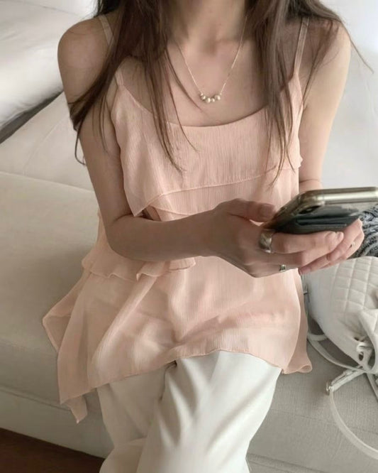 SH006【6月新品】甜美層次感長版吊帶上衣