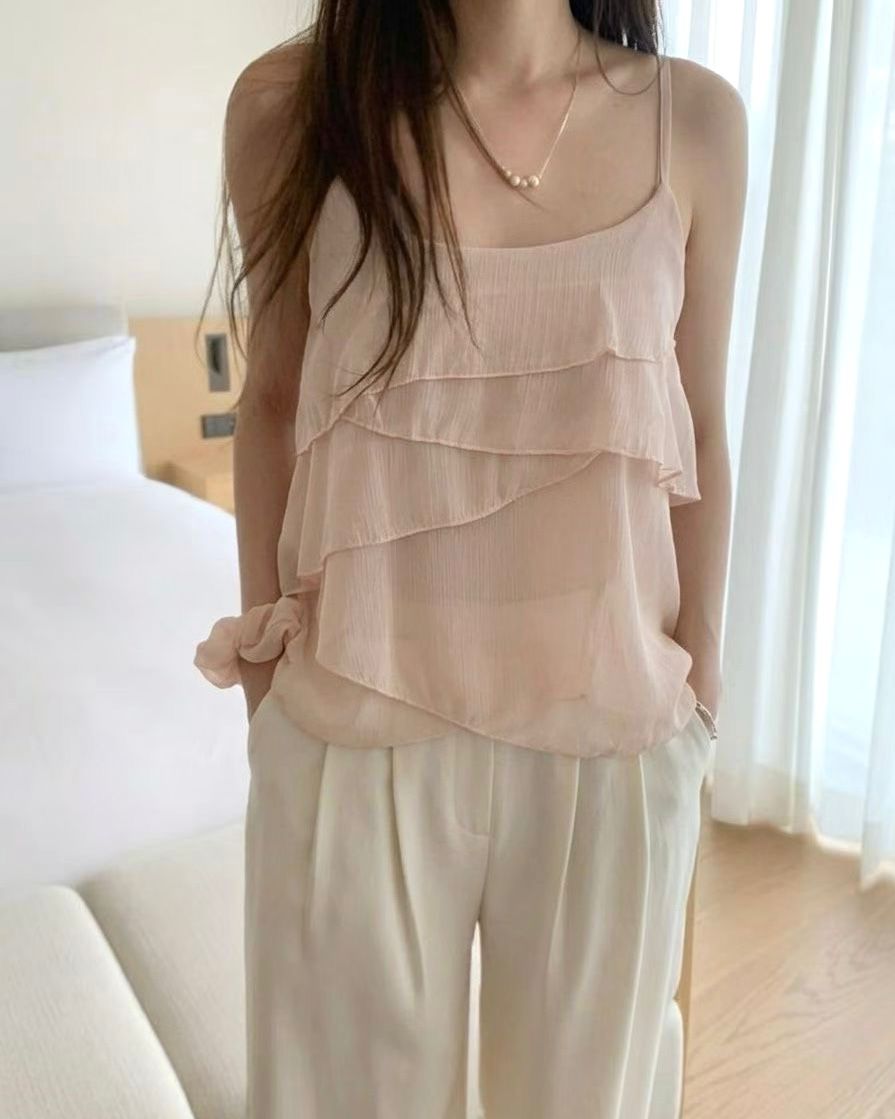 SH006【6月新品】甜美層次感長版吊帶上衣