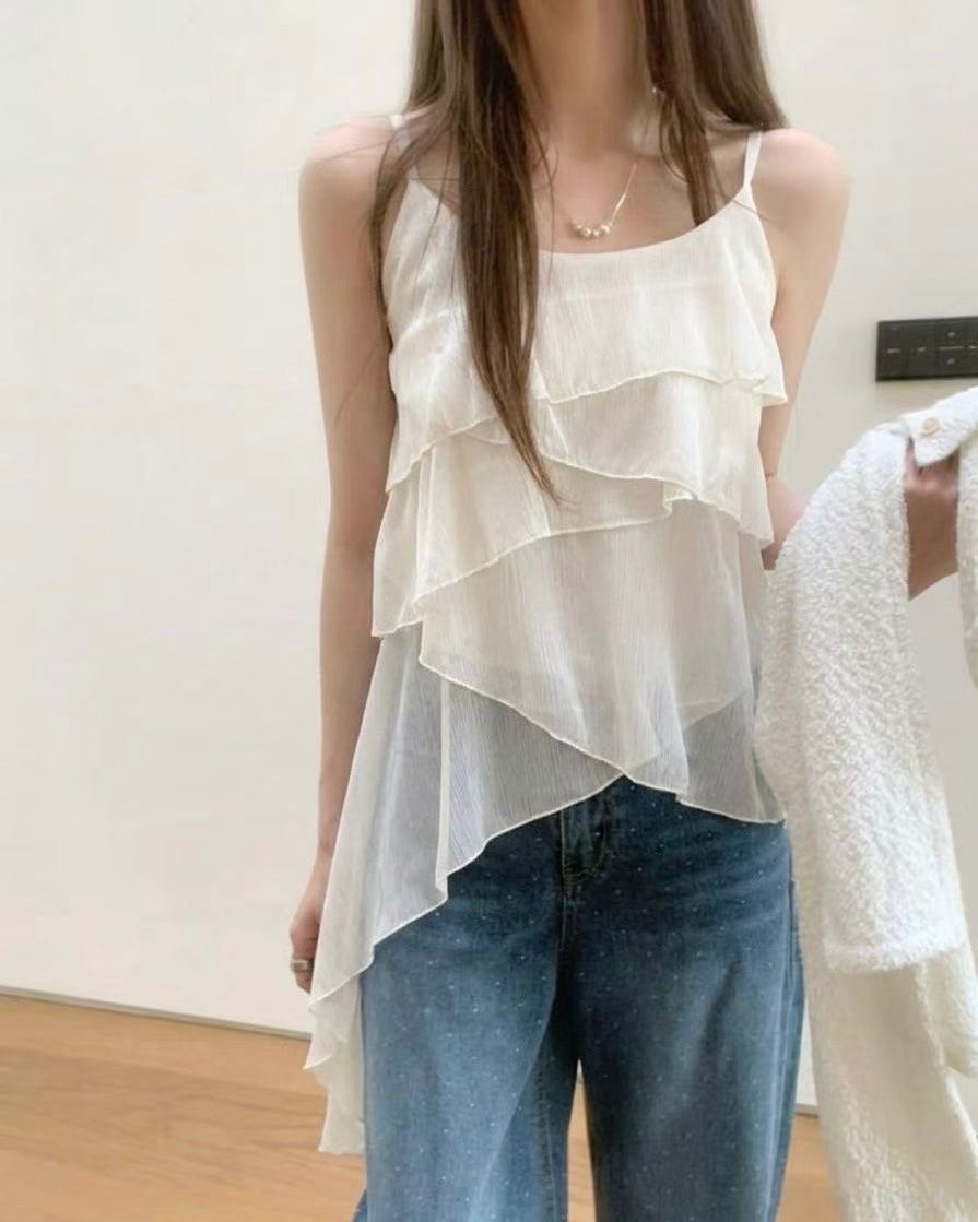 SH006【6月新品】甜美層次感長版吊帶上衣