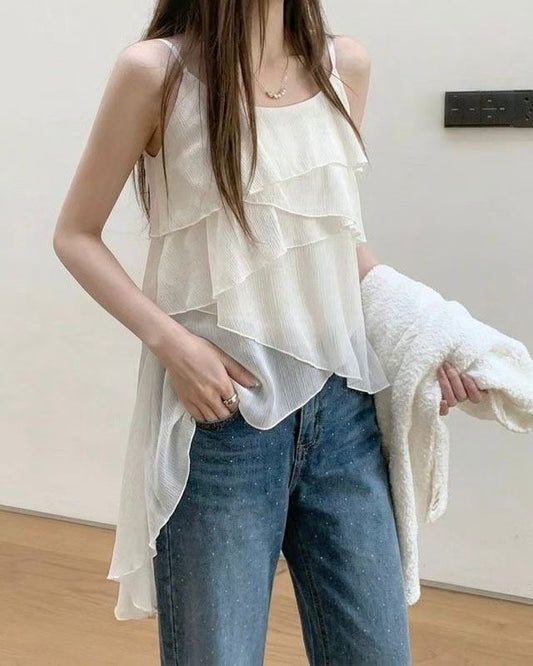 SH006【6月新品】甜美層次感長版吊帶上衣