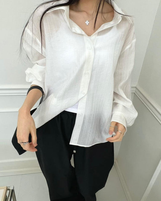 TE005【5月新品】高級感透膚直紋恤衫