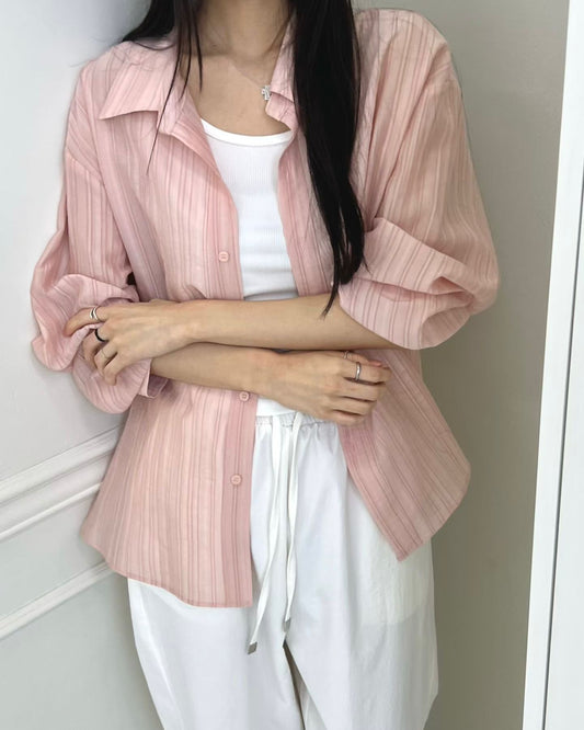TE005【5月新品】高級感透膚直紋恤衫