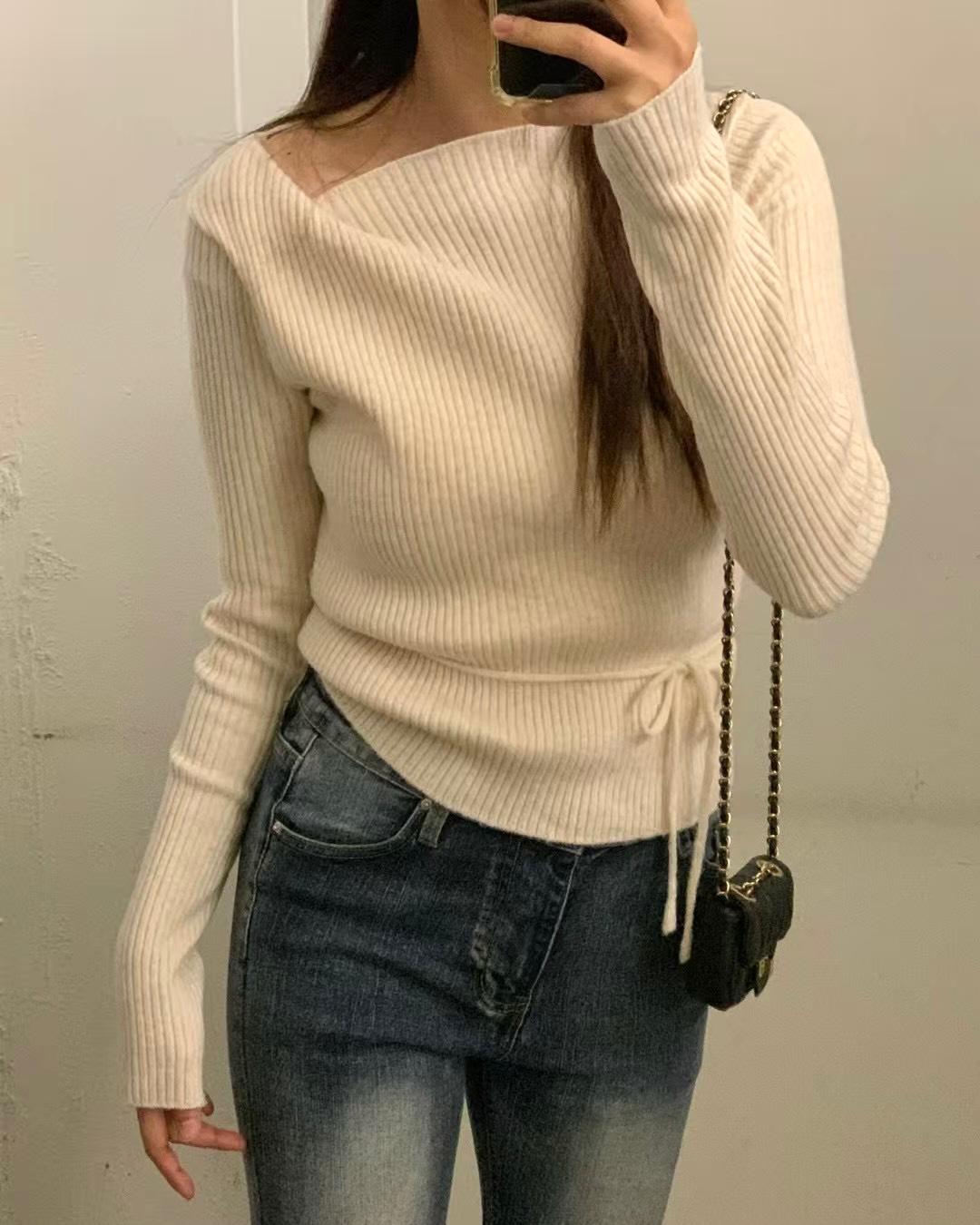 TW002《新款》顯瘦腰綁蝴蝶結一字領上衣