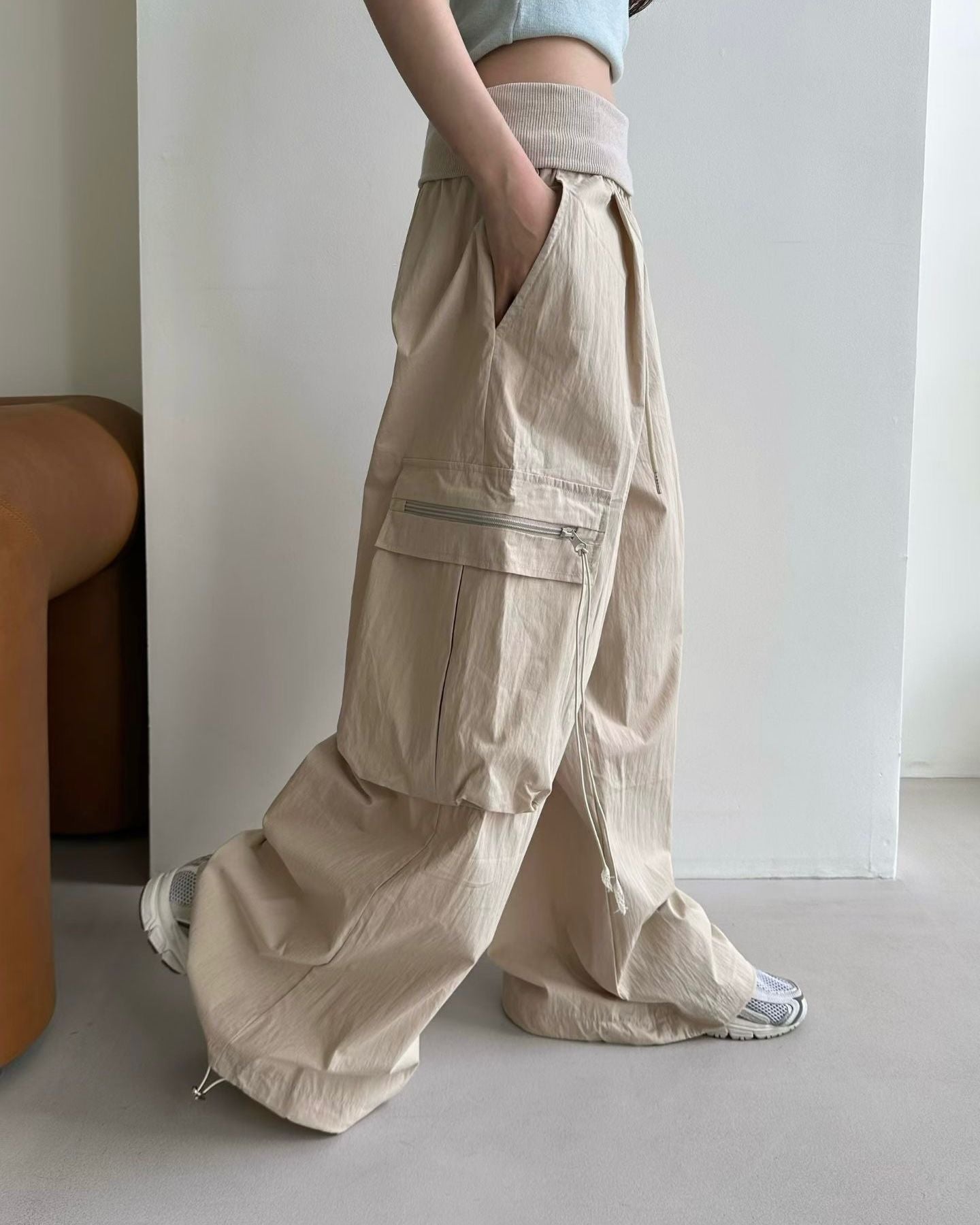 WA003【5月新品】休閒運動風袋子闊腳褲